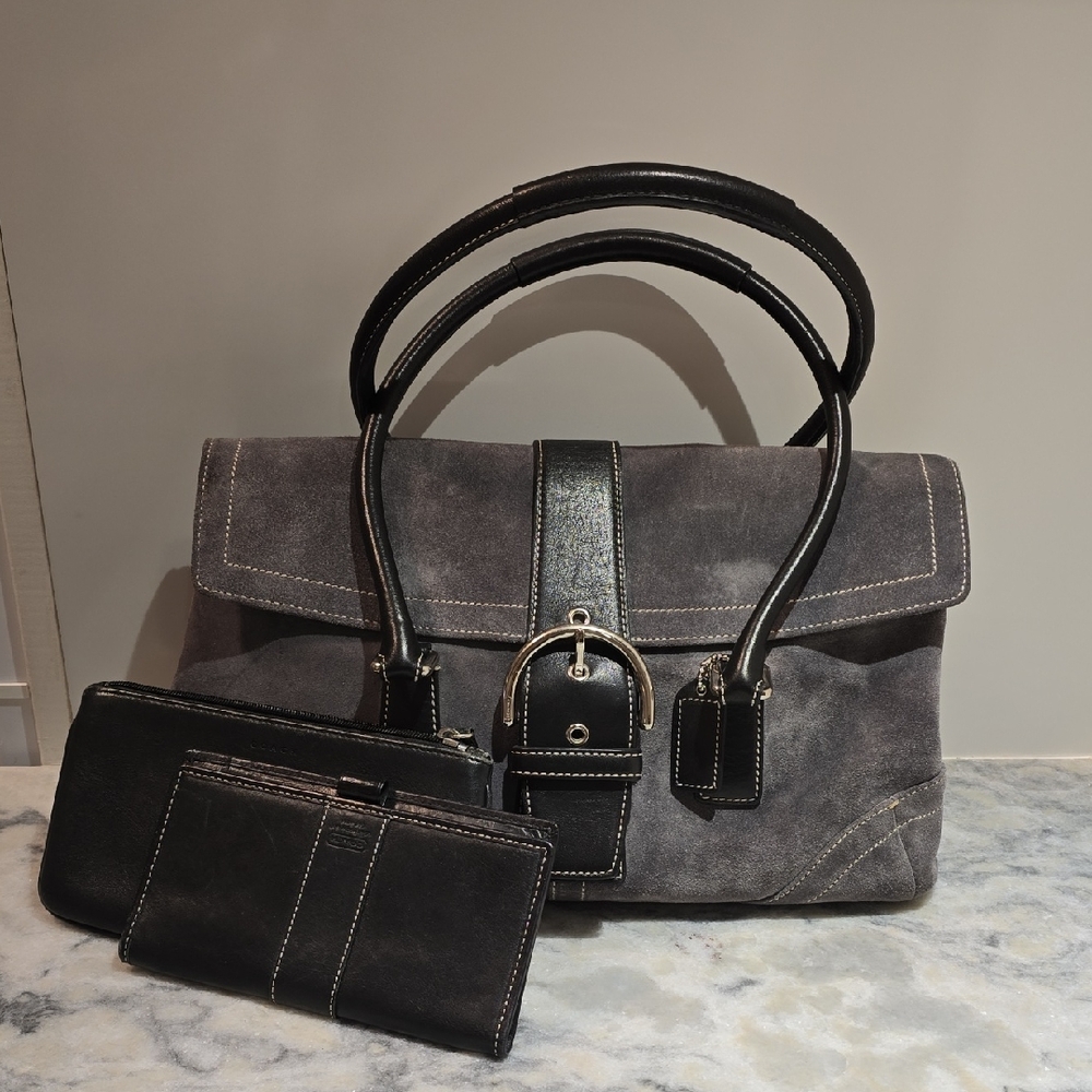 Coach Gray Suede and Black Leather Handbag with Checkbook And Cosmetic Pouch